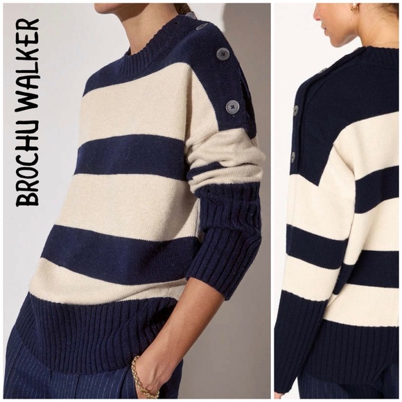 Brochu Walker Sweaters - BROCHU WALKER CY Striped crewneck Sweater cream and navy blue, size XS
